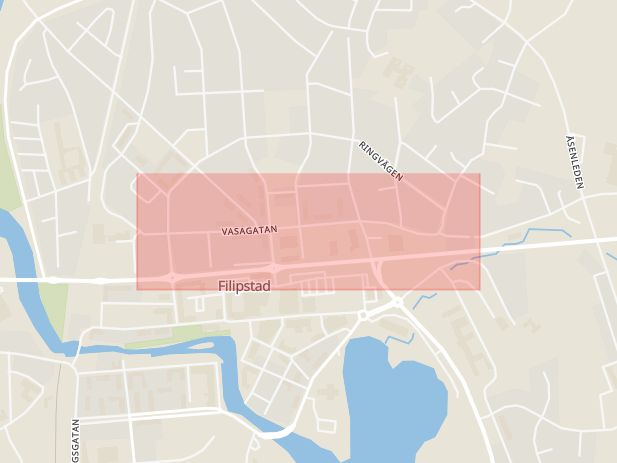 Karta som med röd fyrkant ramar in Vasagatan, Filipstad, Värmlands län