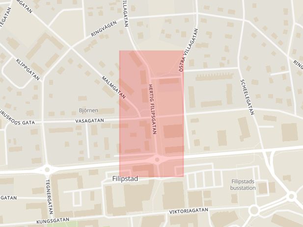 Karta som med röd fyrkant ramar in Hertig Filipsgatan, Filipstad, Värmlands län