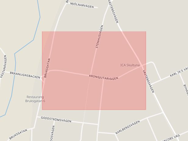 Karta som med röd fyrkant ramar in Krongjutarvägen, Skultuna, Västerås, Västmanlands län