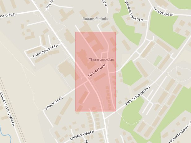 Karta som med röd fyrkant ramar in Törevägen, Uppsala, Södervägen, Knivsta, Uppsala län