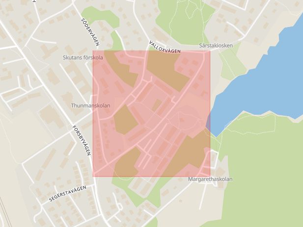 Karta som med röd fyrkant ramar in Sjögrens Väg, Knivsta, Uppsala län
