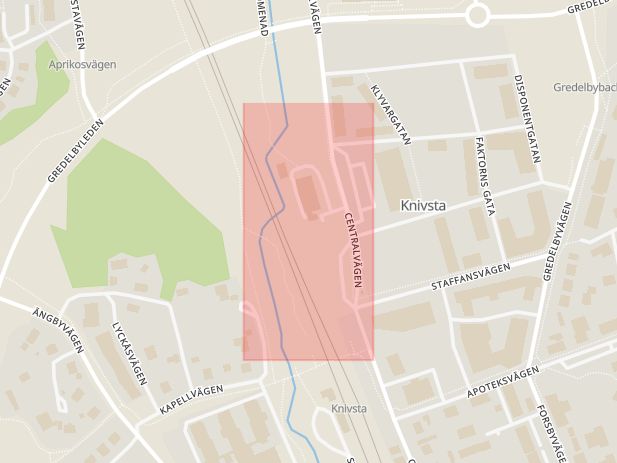 Karta som med röd fyrkant ramar in Knivsta Kommun, Koppa, Uppsala, Svartbäcksgatan, Knivsta Kommunhus, Knivsta, Uppsala län