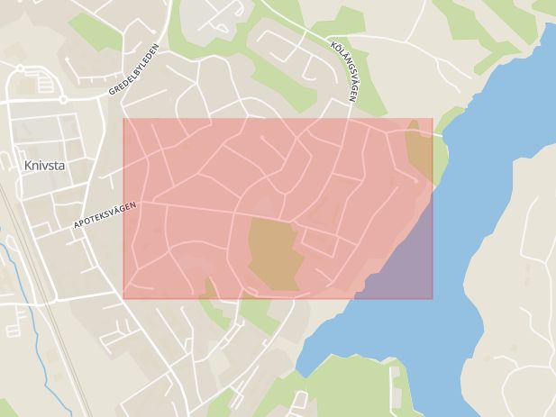 Karta som med röd fyrkant ramar in Valloxvägen, Knivsta, Uppsala län