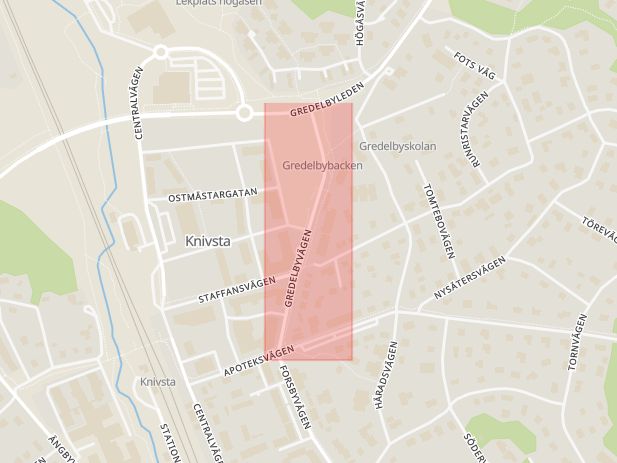 Karta som med röd fyrkant ramar in Gredelbyvägen, Knivsta, Uppsala län