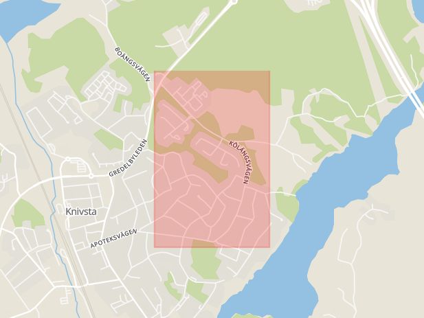 Karta som med röd fyrkant ramar in Härja, Uppsala, Länken, Krusenberg, Kölängsvägen, Knivsta, Uppsala län