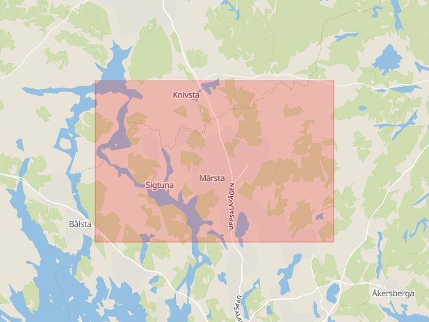 Karta som med röd fyrkant ramar in Arlandaleden, Sigtuna, Stockholms län