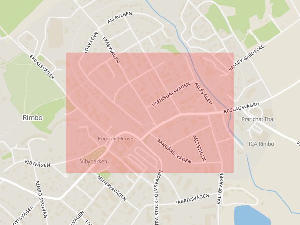 Karta som med röd fyrkant ramar in Bangårdsvägen, Norrtälje, Stockholms län