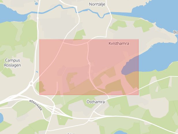 Karta som med röd fyrkant ramar in Drottning Kristinas Väg, Norrtälje, Stockholms län