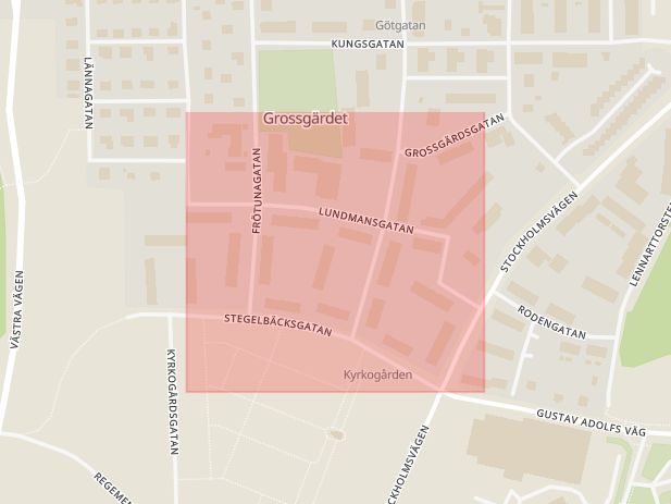 Karta som med röd fyrkant ramar in Lundmansgatan, Norrtälje, Stockholms län