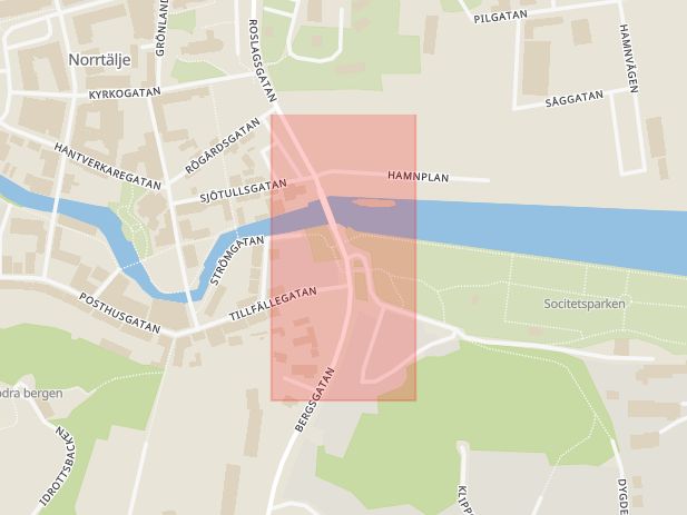 Karta som med röd fyrkant ramar in Badstugatan, Roslagsgatan, Norrtälje, Stockholms län