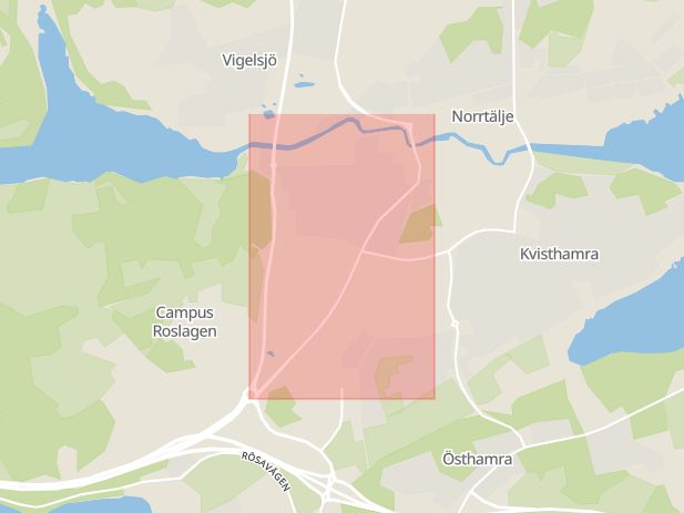 Karta som med röd fyrkant ramar in Stockholmsvägen, Norrtälje, Stockholms län
