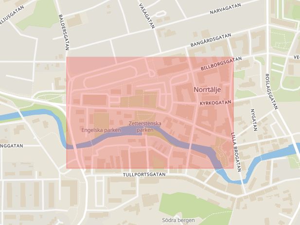 Karta som med röd fyrkant ramar in Hantverkargatan, Norrtälje, Stockholms län