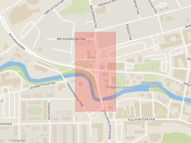 Karta som med röd fyrkant ramar in Hantverkargatan, Baldersgatan, Norrtälje, Stockholms län