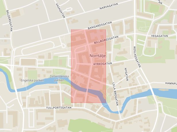 Karta som med röd fyrkant ramar in Stora Brogatan, Norrtälje, Stockholms län