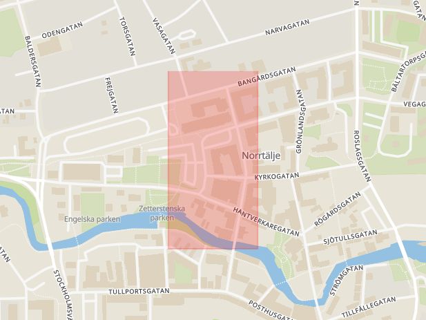 Karta som med röd fyrkant ramar in Danskes Gränd, Norrtälje, Stockholms län