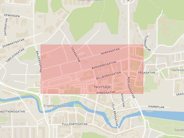 Karta som med röd fyrkant ramar in Bangårdsgatan, Norrtälje, Stockholms län
