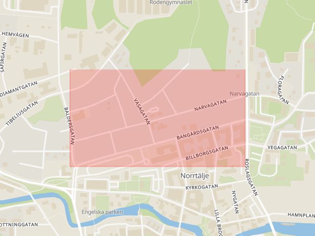 Karta som med röd fyrkant ramar in Narvagatan, Norrtälje, Stockholms län