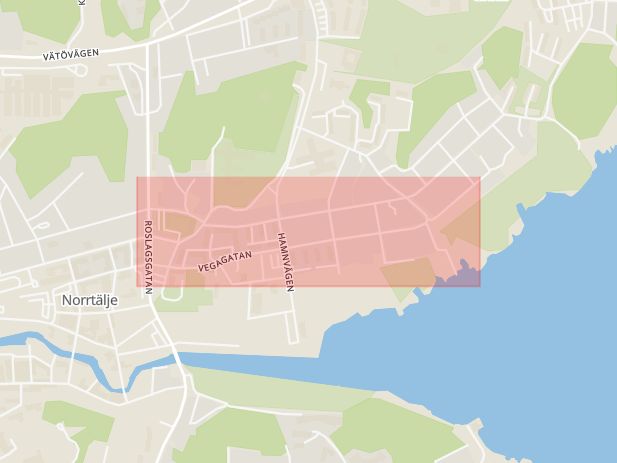 Karta som med röd fyrkant ramar in Vegagatan, Norrtälje, Stockholms län