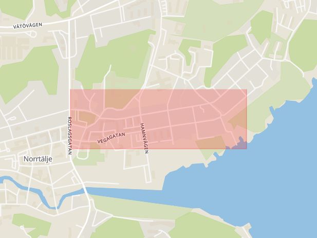 Karta som med röd fyrkant ramar in Vegagatan, Norrtälje, Stockholms län
