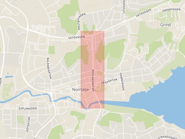 Karta som med röd fyrkant ramar in Roslagsgatan, Norrtälje, Stockholms län