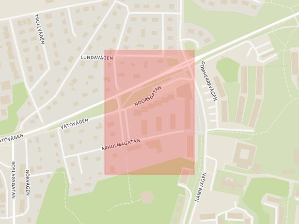 Karta som med röd fyrkant ramar in Noorsgatan, Norrtälje, Stockholms län