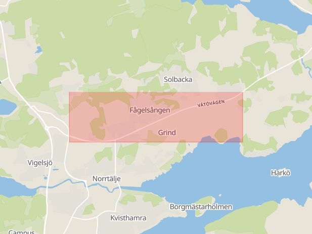 Karta som med röd fyrkant ramar in Vätövägen, Högsta, Norrtälje, Stockholms län