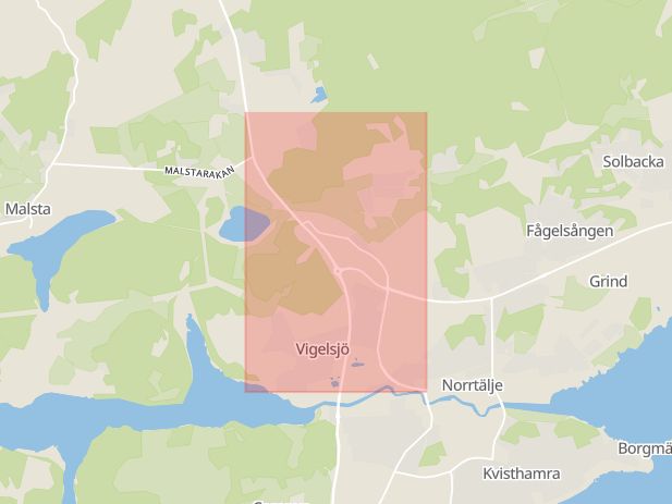 Karta som med röd fyrkant ramar in Estunavägen, Norrtälje, Stockholms län