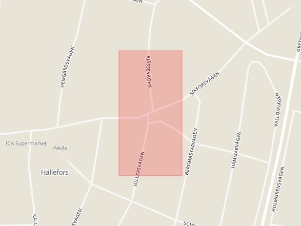 Karta som med röd fyrkant ramar in Gillersvägen, Sikforsvägen, Hällefors, Örebro län