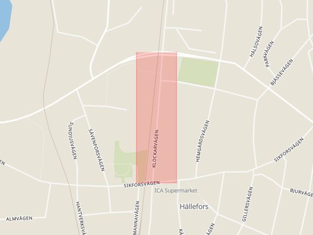 Karta som med röd fyrkant ramar in Klockarvägen, Hällefors, Örebro län