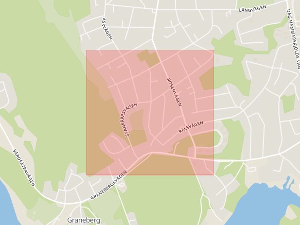 Karta som med röd fyrkant ramar in Svankärrsvägen, Uppsala, Uppsala län