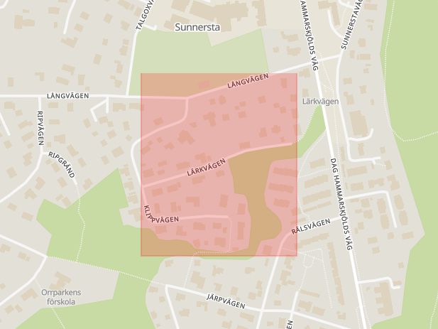 Karta som med röd fyrkant ramar in Sunnersta, Lärkvägen, Uppsala, Uppsala län