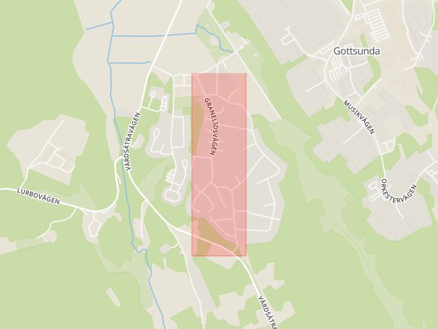 Karta som med röd fyrkant ramar in Granelidsvägen, Uppsala, Uppsala län
