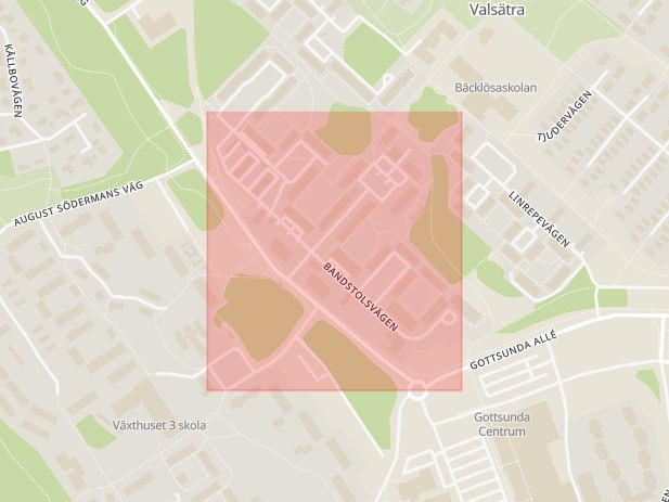 Karta som med röd fyrkant ramar in Valsätra, Bandstolsvägen, Slipstensvägen, Uppsala, Uppsala län