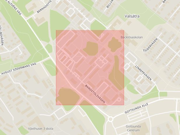 Karta som med röd fyrkant ramar in Valsätra, Gottsunda, Bandstolsvägen, Uppsala, Uppsala län