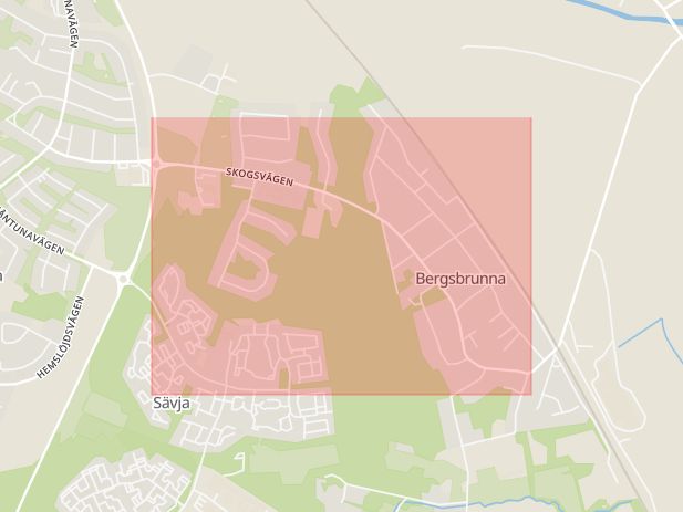 Karta som med röd fyrkant ramar in Skogsvägen, Uppsala, Uppsala län