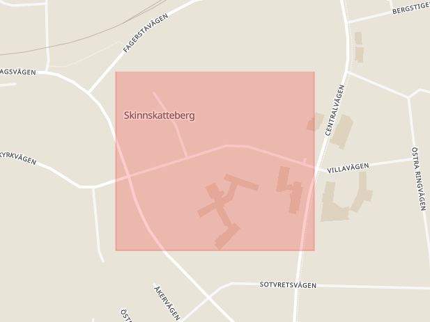 Karta som med röd fyrkant ramar in Klockarbergsvägen, Skinnskatteberg, Västmanlands län