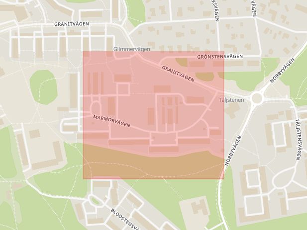 Karta som med röd fyrkant ramar in Marmorvägen, Uppsala, Uppsala län