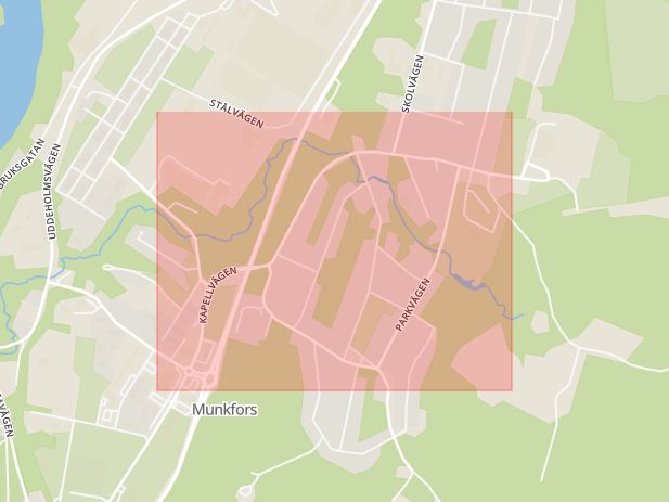 Karta som med röd fyrkant ramar in Kapellvägen, Munkfors, Värmlands län