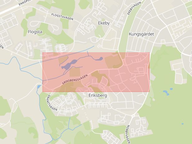 Karta som med röd fyrkant ramar in Eriksbergsvägen, Valloxvägen, Uppsala, Hyvelgatan, Tegelmästargatan, Brunnbyvägen, Högåsvägen, Knivsta, Uppsala län