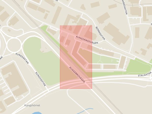 Karta som med röd fyrkant ramar in Kungsängsvägen, Boländerna, Verkstadsgatan, Uppsala, Uppsala län