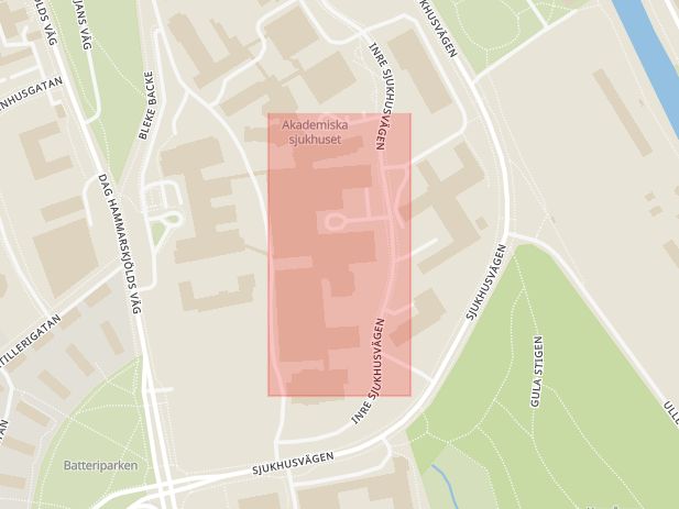 Karta som med röd fyrkant ramar in Tycho Hedéns Väg, Rapsgatan, Gnistarondellen, Akademiska Sjukhuset, Uppsala, Uppsala län