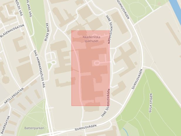 Karta som med röd fyrkant ramar in Akademiska Sjukhuset, Gottsunda, Uppsala, Uppsala län