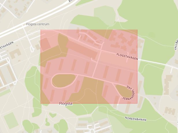 Karta som med röd fyrkant ramar in Sernanders Väg, Flogsta, Uppsala, Uppsala län