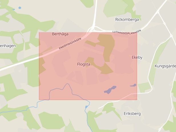 Karta som med röd fyrkant ramar in Flogstavägen, Uppsala, Uppsala län