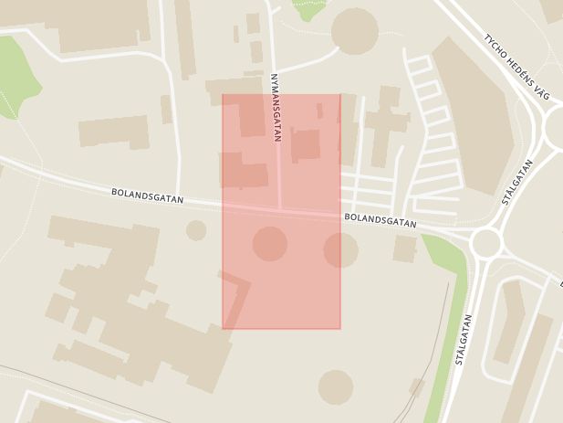 Karta som med röd fyrkant ramar in Bolandsgatan, Nymansgatan, Uppsala, Uppsala län