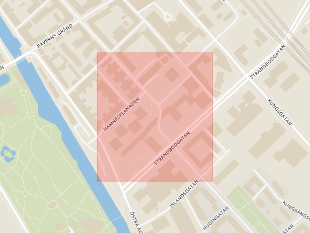 Karta som med röd fyrkant ramar in Hamnesplanaden, Uppsala, Uppsala län