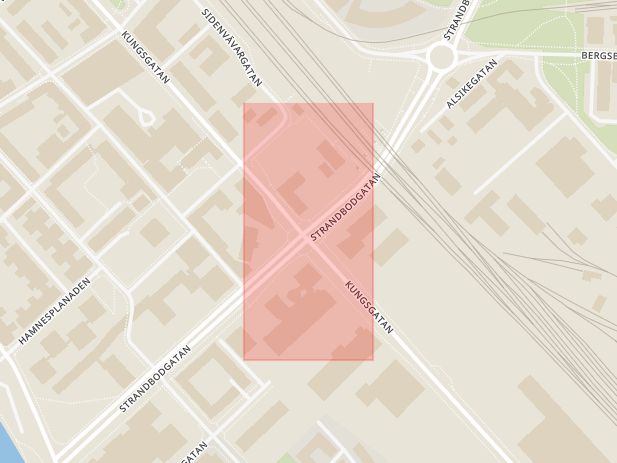 Karta som med röd fyrkant ramar in Kungsgatan, Strandbodgatan, Uppsala, Uppsala län