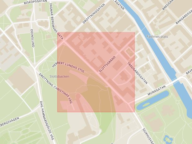 Karta som med röd fyrkant ramar in Nedre Slottsgatan, Uppsala, Uppsala län