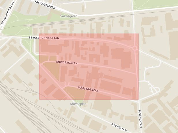 Karta som med röd fyrkant ramar in Knivstagatan, Uppsala, Uppsala län