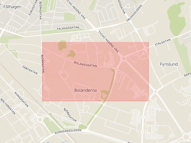 Karta som med röd fyrkant ramar in Bolandsgatan, Uppsala, Uppsala län